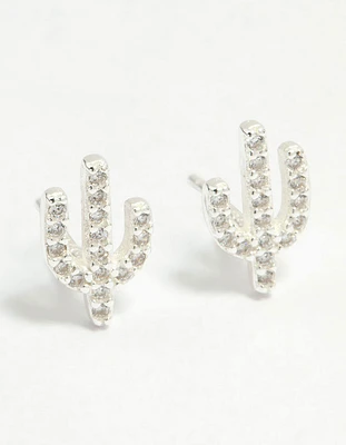 Sterling Silver Cubic Zirconia Pave Cactus Stud Earrings