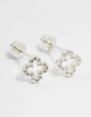 Sterling Silver Cubic Zirconia Hollow Pave Flower Stud Earrings