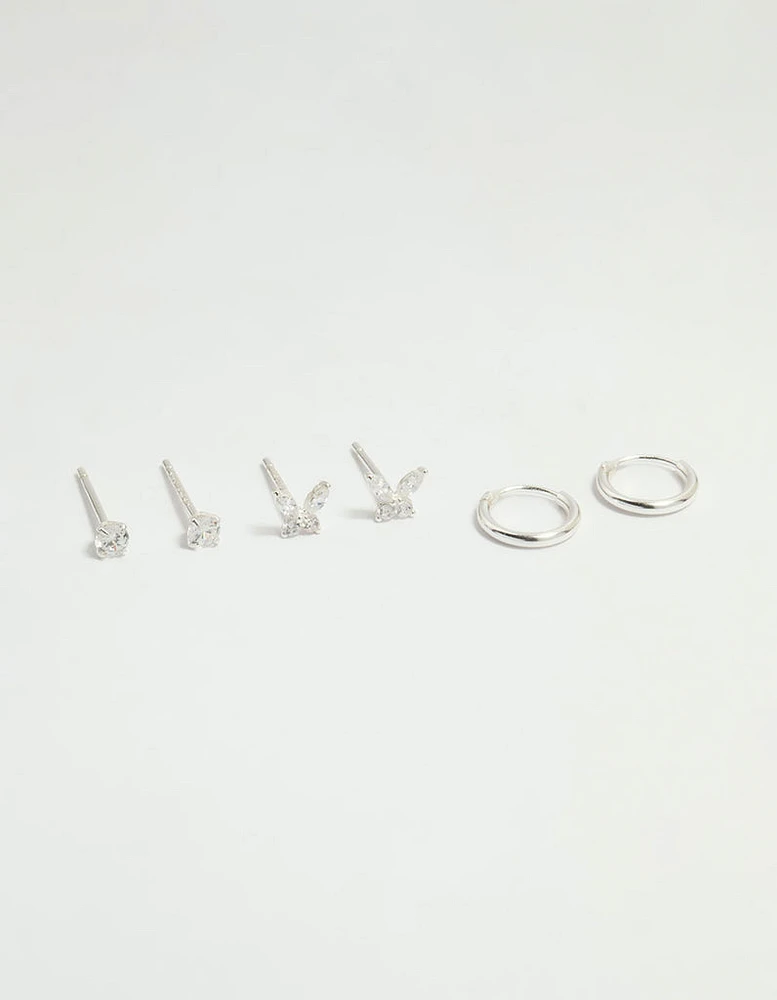 Sterling Silver Cubic Zirconia Butterfly Stud & Hoop Earrings 3-Pack
