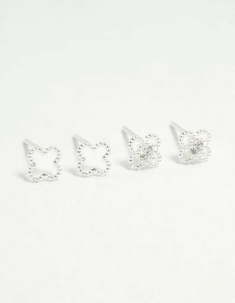 Sterling Silver Cubic Zirconia Flower Stud Earrings 2-Pack