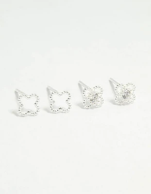 Sterling Silver Cubic Zirconia Flower Stud Earrings 2-Pack