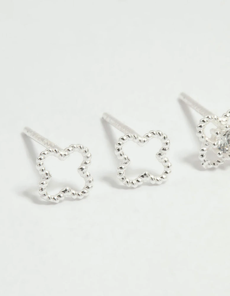 Sterling Silver Cubic Zirconia Flower Stud Earrings 2-Pack