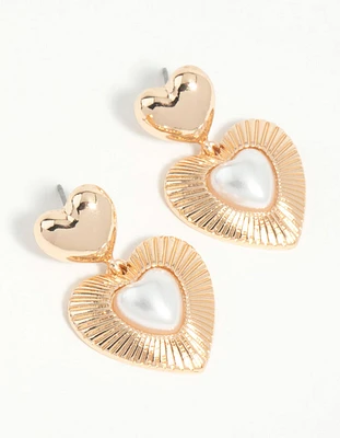 Gold Pearl Heart Drop Earrings