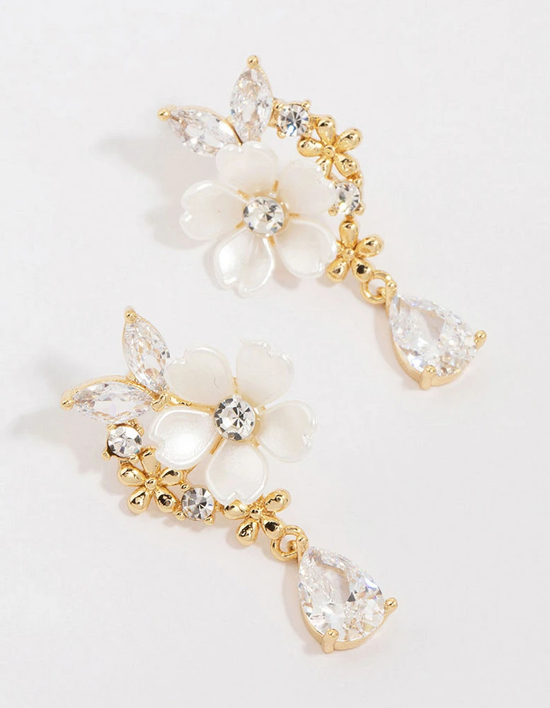 Gold Plated Cubic Zirconia Flower Drop Earrings