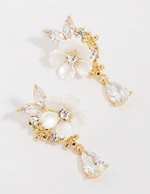 Gold Plated Cubic Zirconia Flower Drop Earrings