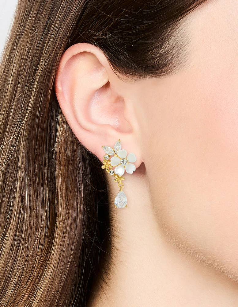 Gold Plated Cubic Zirconia Flower Drop Earrings