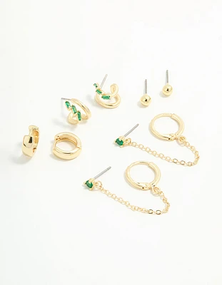 Gold Plated Green Cubic Zirconia Stacker Earrings 5-Pack