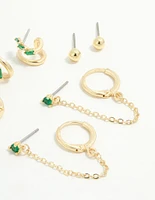 Gold Plated Green Cubic Zirconia Stacker Earrings 5-Pack