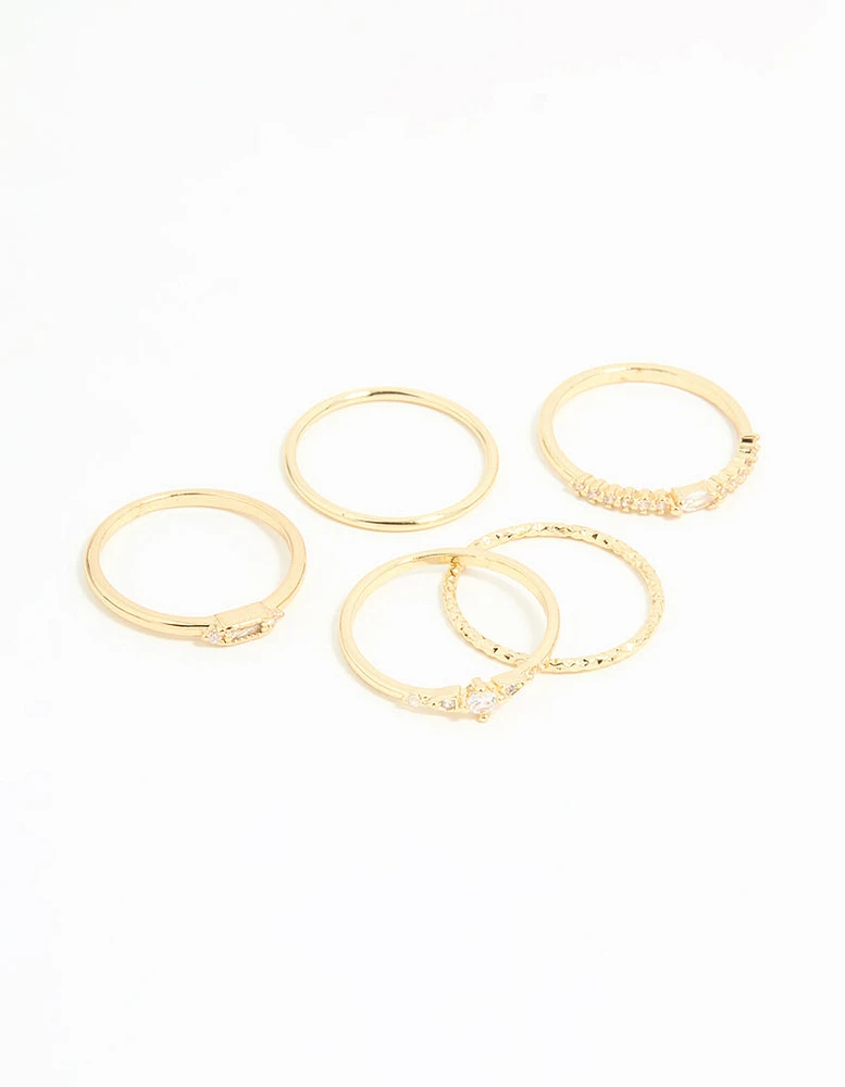 Gold Plated Cubic Zirconia & Plain Rings 5-Pack