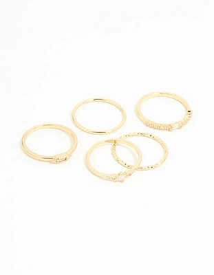 Gold Plated Cubic Zirconia & Plain Rings 5-Pack