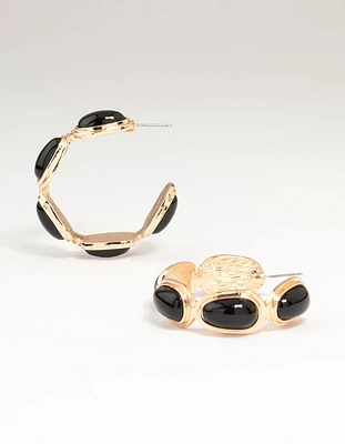 Gold Black Stone Hoop Earrings