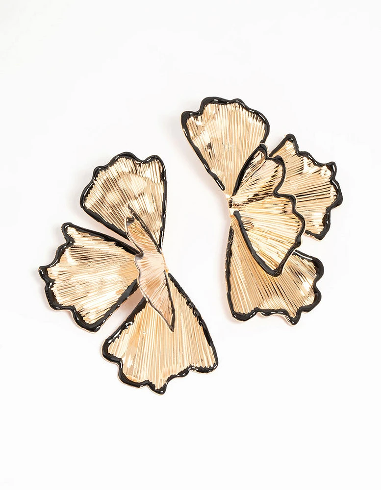 Black & Gold Etched Floral Stud Earrings