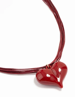 Red Acrylic Puffy Heart Metallic Cord Necklace