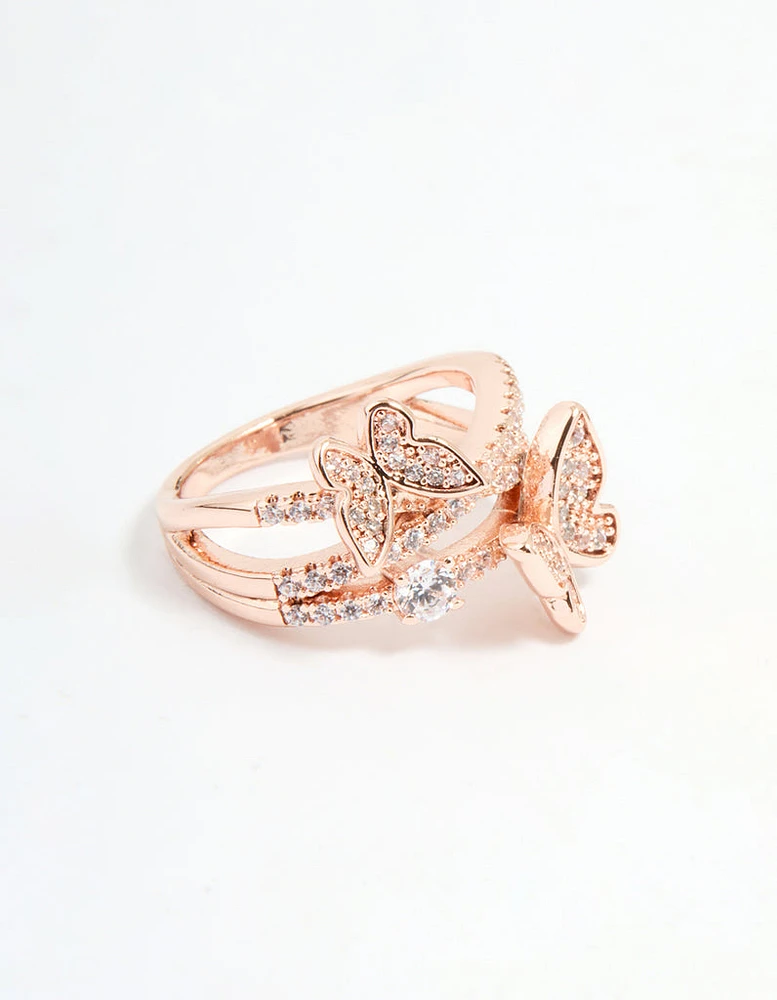 Rose Gold Cubic Zirconia Double Butterfly Wrap Ring