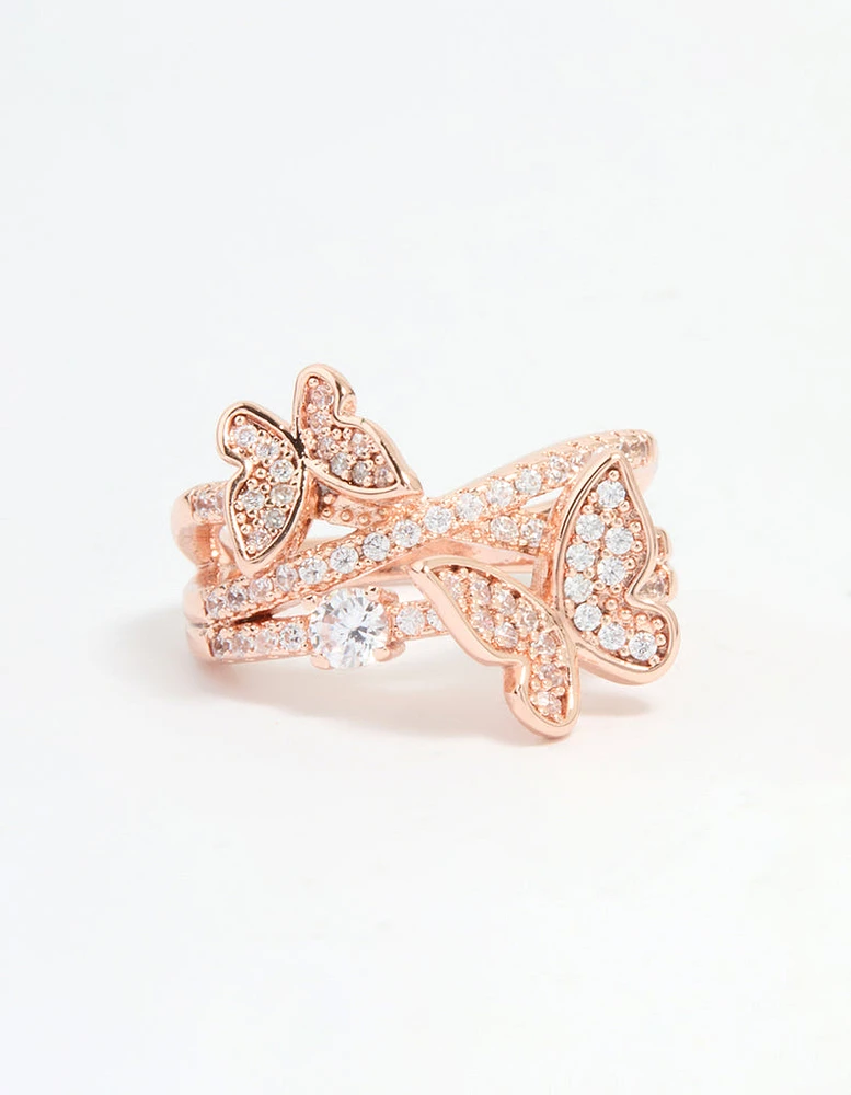Rose Gold Cubic Zirconia Double Butterfly Wrap Ring