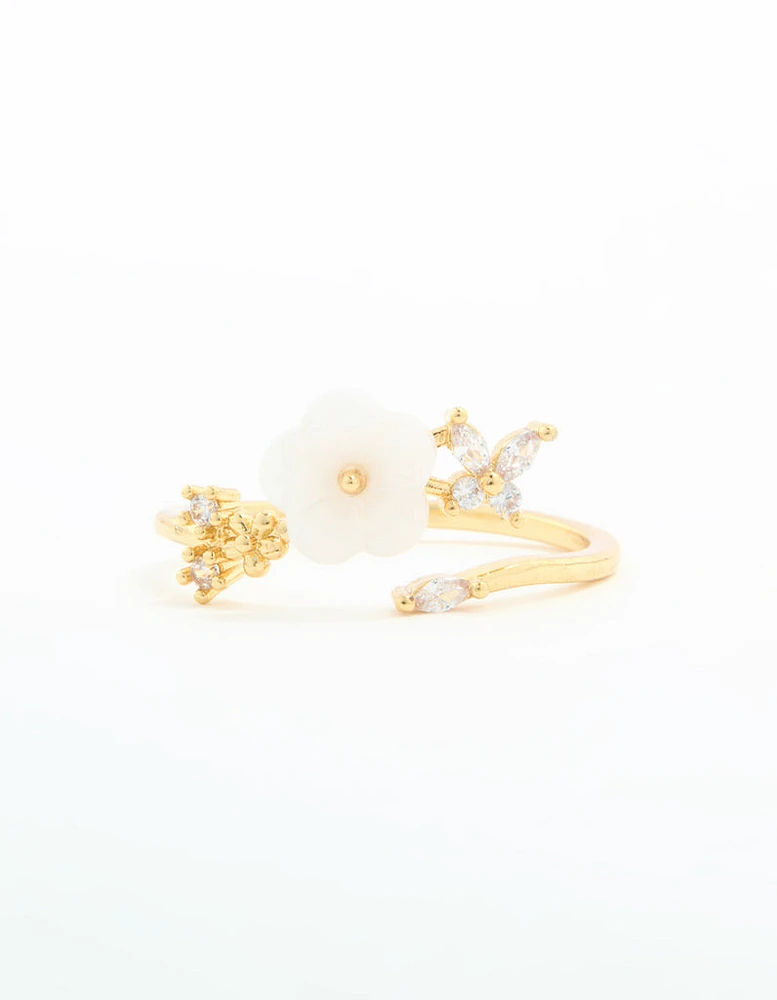 Gold Plated Cubic Zirconia Lovely Flower Wrap Around Ring
