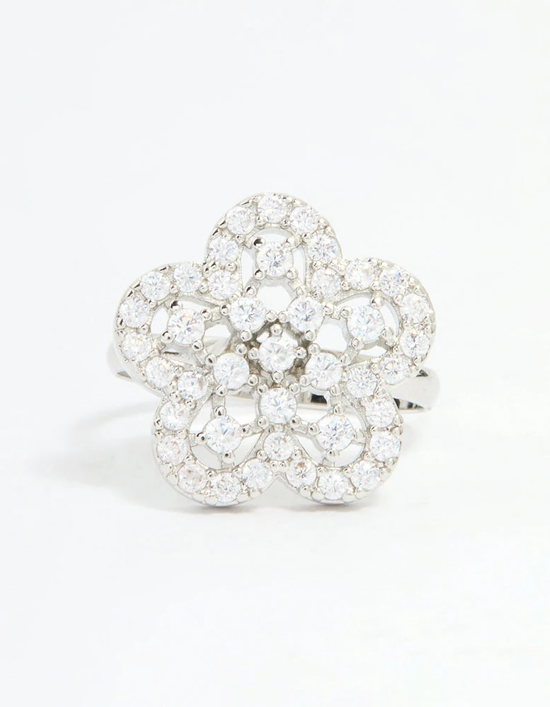Silver Cubic Zirconia Statement Flower Ring