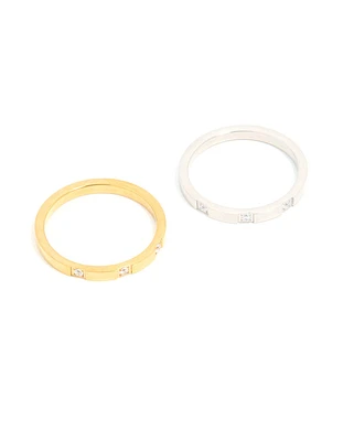 Waterproof Mixed Plated Stainless Steel Cubic Zirconia Rings 2-Pack