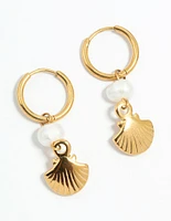 Waterproof Gold Plated Stainless Steel Pearl Shell Drop Huggie Earrings