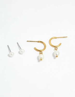 Waterproof Gold Plated Stainless Steel Pearl Dainty Earrings 2-Pack