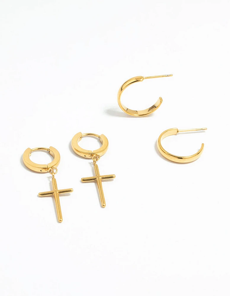 Waterproof Gold Plated Stainless Steel Cross Hoop Earrings 2-Pack