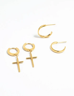 Waterproof Gold Plated Stainless Steel Cross Hoop Earrings 2-Pack