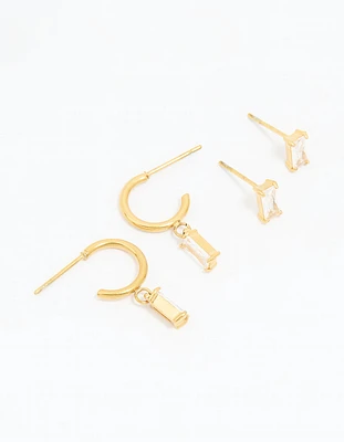 Waterproof Gold Plated Stainless Steel Cubic Zirconia Rectangle Stud & Hoop Earrings 2-Pack