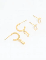 Waterproof Gold Plated Stainless Steel Cubic Zirconia Rectangle Stud & Hoop Earrings 2-Pack