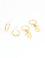 Waterproof Gold Plated Stainless Steel Hand & Bubble Huggie Earrings 2-Pack