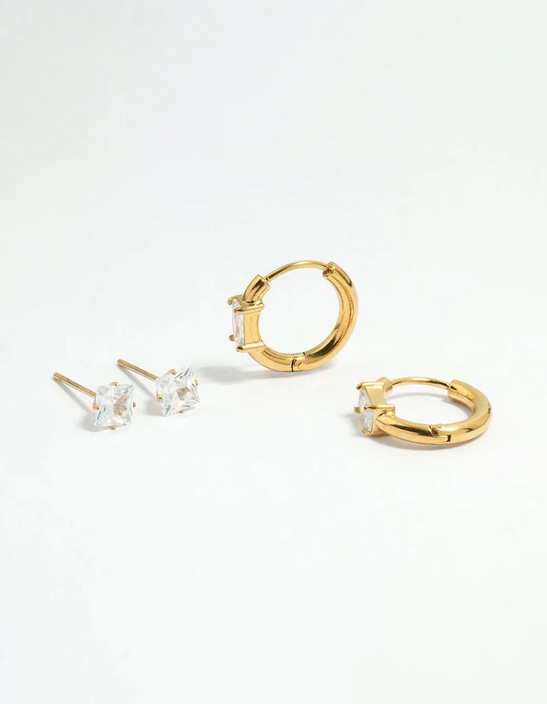 Waterproof Gold Plated Stainless Steel Cubic Zirconia Stud & Huggie Earrings 2-Pack
