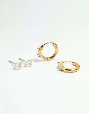 Waterproof Gold Plated Stainless Steel Cubic Zirconia Stud & Huggie Earrings 2-Pack