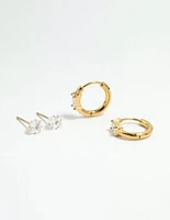 Waterproof Gold Plated Stainless Steel Cubic Zirconia Stud & Huggie Earrings 2-Pack