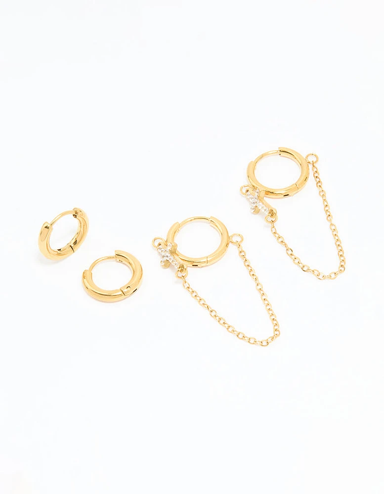 Waterproof Gold Plated Stainless Steel Cubic Zirconia Chain Huggie Earrings 2-Pack