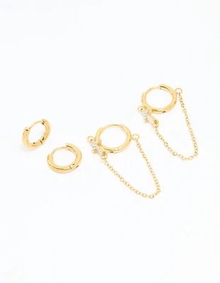 Waterproof Gold Plated Stainless Steel Cubic Zirconia Chain Huggie Earrings 2-Pack