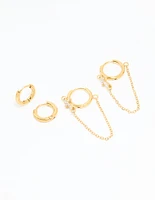 Waterproof Gold Plated Stainless Steel Cubic Zirconia Chain Huggie Earrings 2-Pack