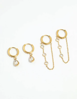 Waterproof Gold Plated Stainless Steel Cubic Zirconia Chain Droplet Earrings 2-Pack