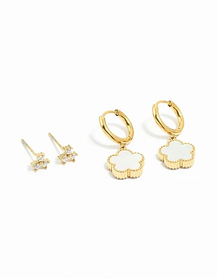 Waterproof Gold Plated Stainless Steel Cubic Zirconia Petal Earrings 2-Pack