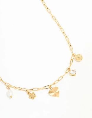 Waterproof Gold Plated Stainless Flower & Heart Charm Necklace