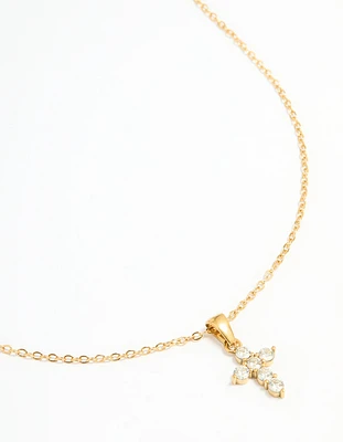 Waterproof Gold Plated Stainless Steel Cubic Zirconia Cross Pendant Necklace