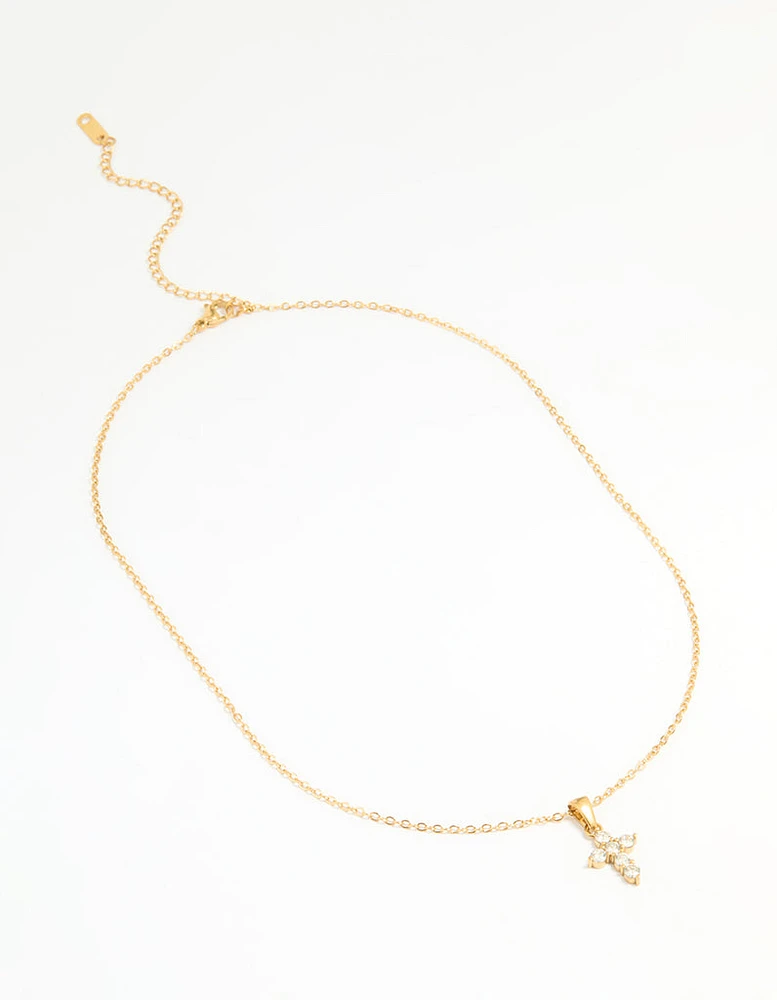 Waterproof Gold Plated Stainless Steel Cubic Zirconia Cross Pendant Necklace