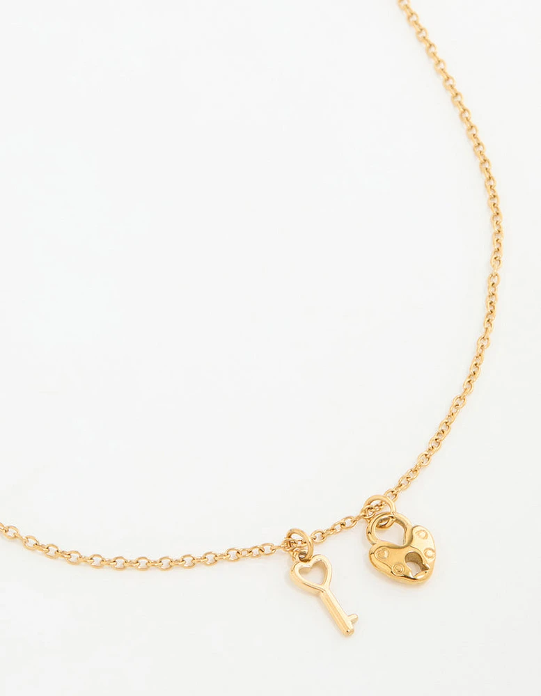 Waterproof Gold Plated Stainless Steel Heart Key Necklace