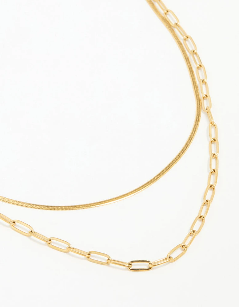 Waterproof Gold Plated Stainless Steel Double Link Layered Necklace