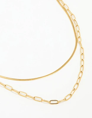 Waterproof Gold Plated Stainless Steel Double Link Layered Necklace