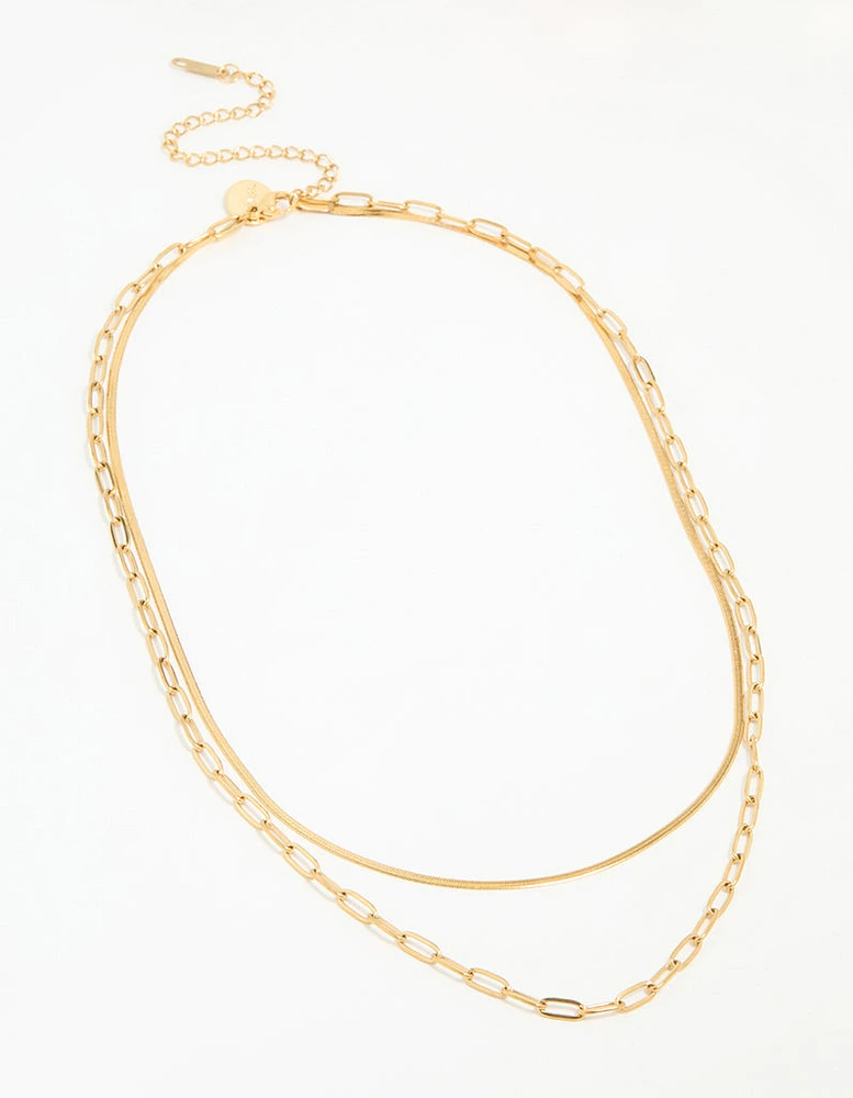 Waterproof Gold Plated Stainless Steel Double Link Layered Necklace