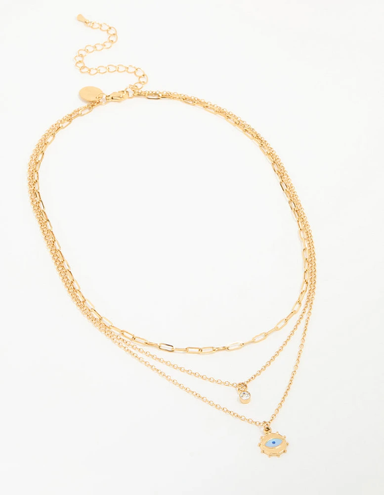 Waterproof Gold Plated Stainless Steel Evil Eye Layered Necklace