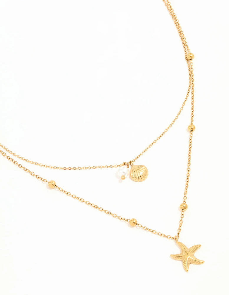 Waterproof Gold Plated Stainless Steel Star & Shell Layered Necklace