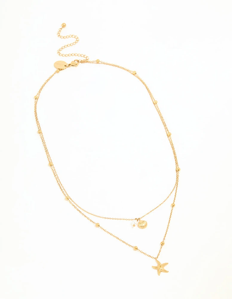 Waterproof Gold Plated Stainless Steel Star & Shell Layered Necklace