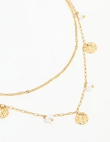 Waterproof Gold Plated Stainless Steel Pearl & Coin Layered Necklace