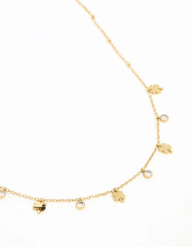 Waterproof Gold Plated Stainless Steel Cubic Zirconia Clover Pendant Necklace