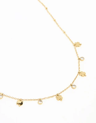 Waterproof Gold Plated Stainless Steel Cubic Zirconia Clover Pendant Necklace